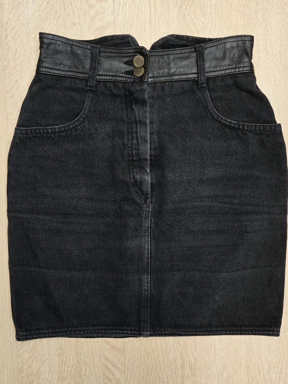 Vintage 80s Oaks by Ferré Denim Mini Skirt Leather Yoke Designer Italy XS